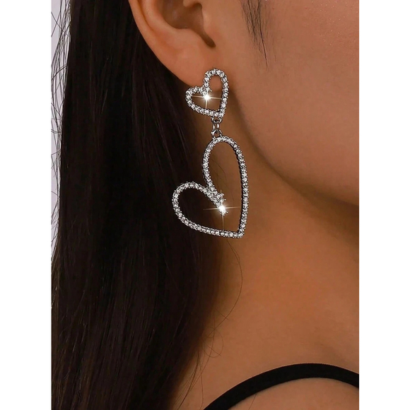 1 Pair Silver & Gold Heart Earrings Rhinestone Dangle Stud Jewelry Women Gift.SH - Picture 4 of 6